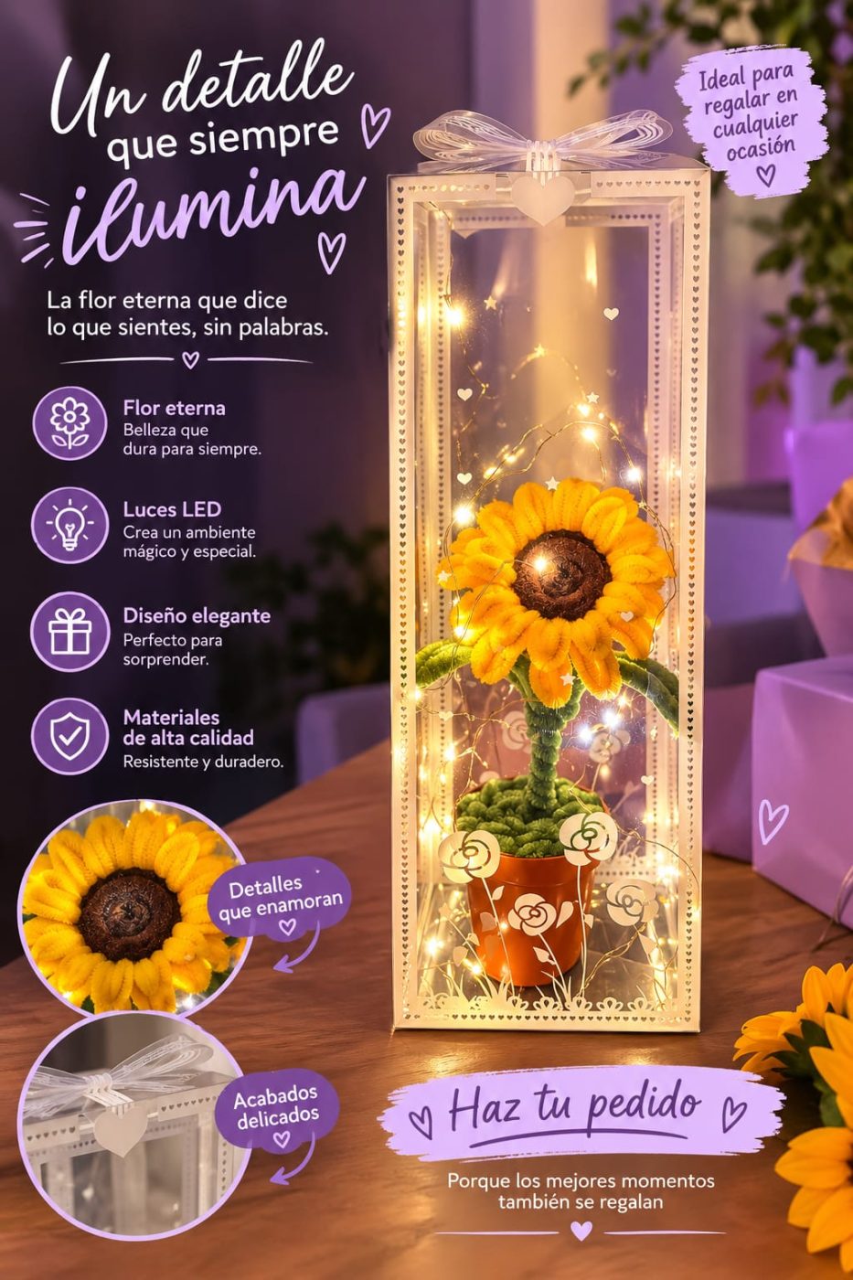 Girasol eterno en caja con luces